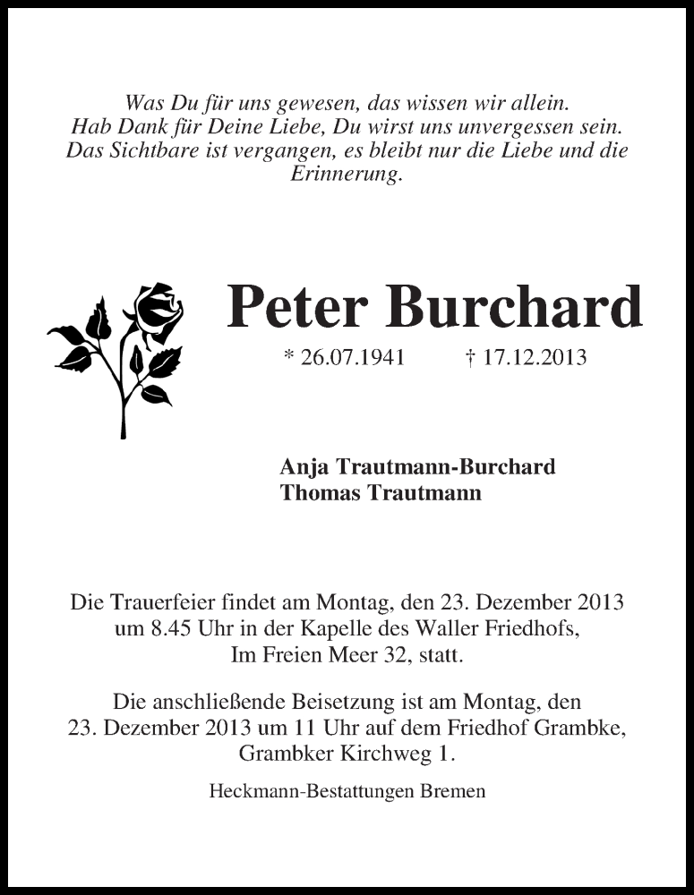 Traueranzeige von Peter Burchard von WESER-KURIER