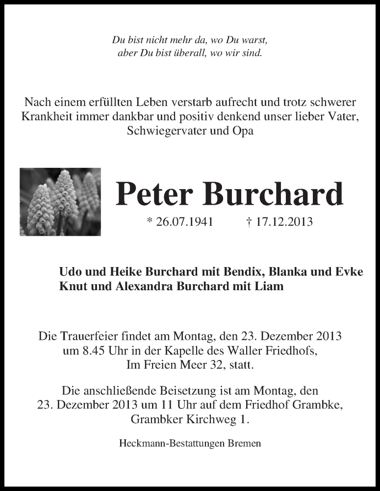 Traueranzeige von Peter Burchard von WESER-KURIER