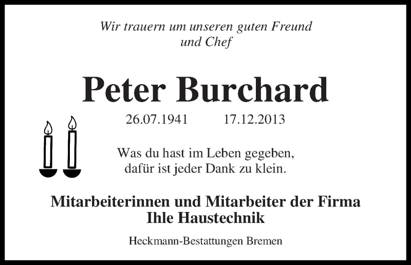Traueranzeige von Peter Burchard von WESER-KURIER