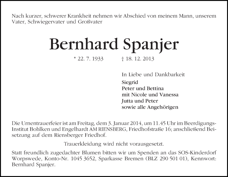 Traueranzeige von Bernhard Spanjer von WESER-KURIER