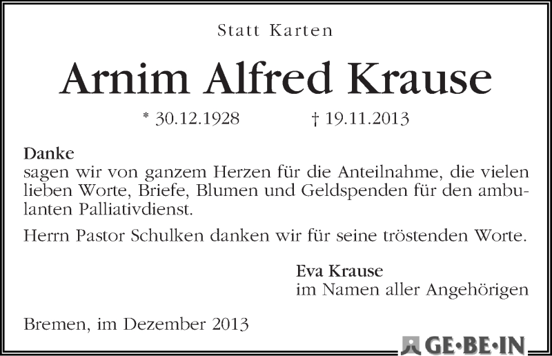 Traueranzeige von Arnim Alfred Krause von WESER-KURIER