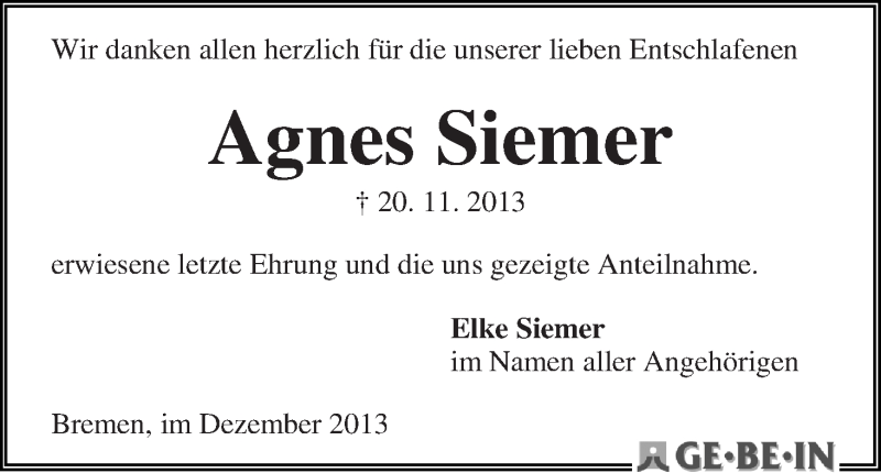 Traueranzeige von Agnes Siemer von WESER-KURIER