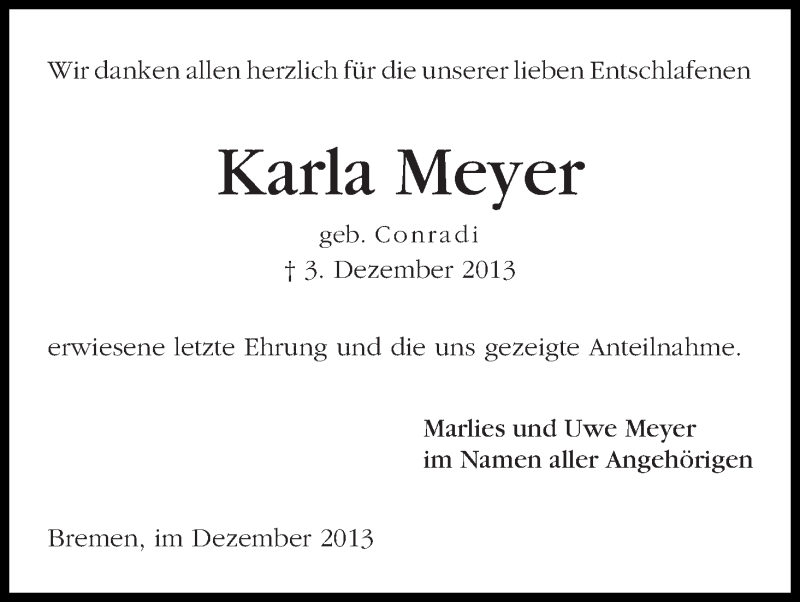Traueranzeige von Karla Meyer von WESER-KURIER