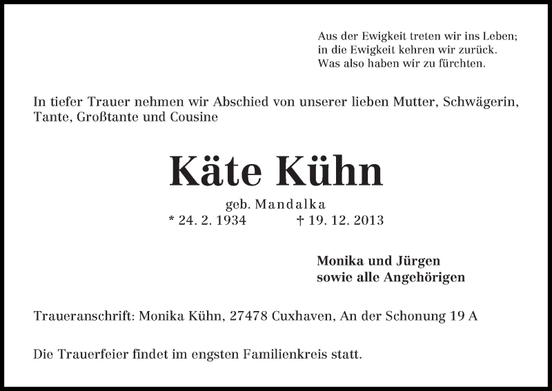 Traueranzeige von Käte Kühn von WESER-KURIER