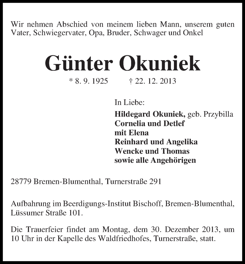 Traueranzeige von Günter Okuniek von WESER-KURIER