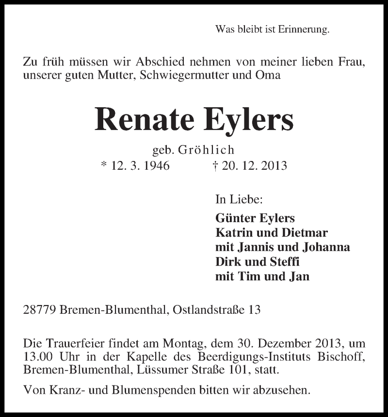 Traueranzeige von Renate Eylers von WESER-KURIER