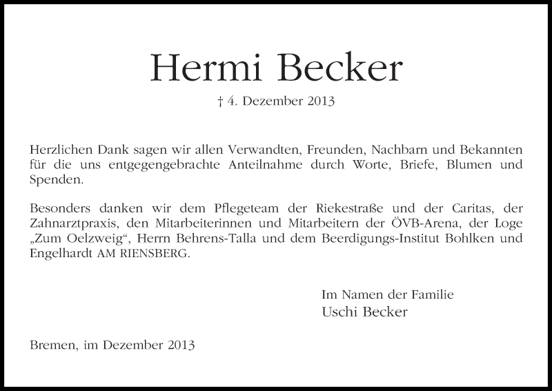 Traueranzeige von Hermi Becker von WESER-KURIER