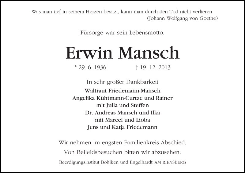 Traueranzeige von Erwin Mansch von WESER-KURIER