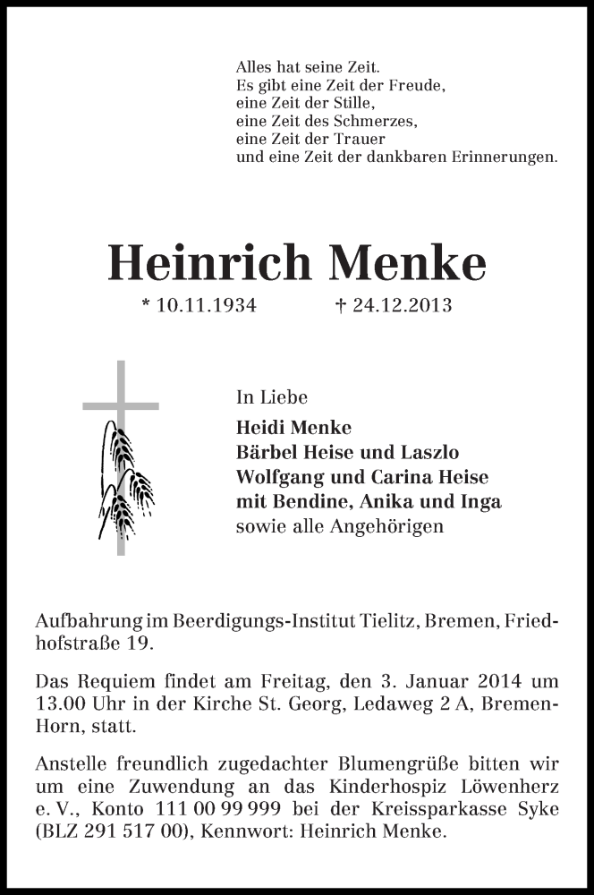 Traueranzeige von Heinrich Menke von WESER-KURIER
