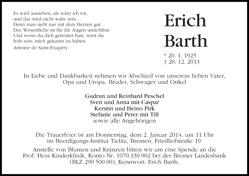 Traueranzeige von Erich Barth von WESER-KURIER