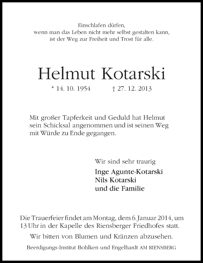Traueranzeige von Helmut Kotarski von WESER-KURIER