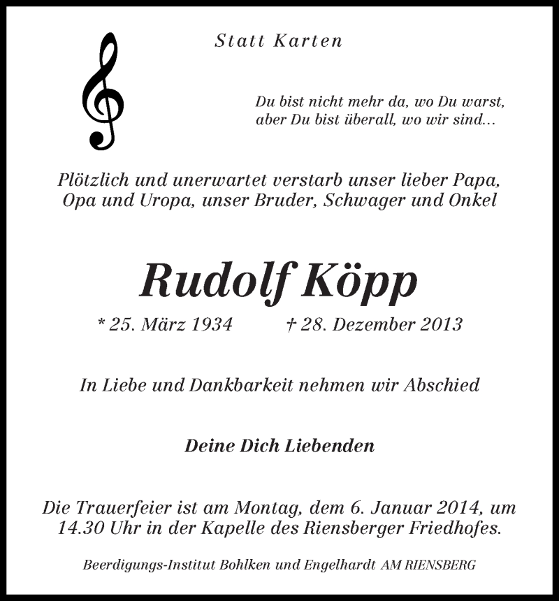 Traueranzeige von Rudolf Köpp von WESER-KURIER