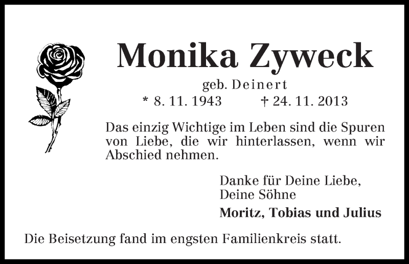 Traueranzeige von Monika Zyweck von WESER-KURIER