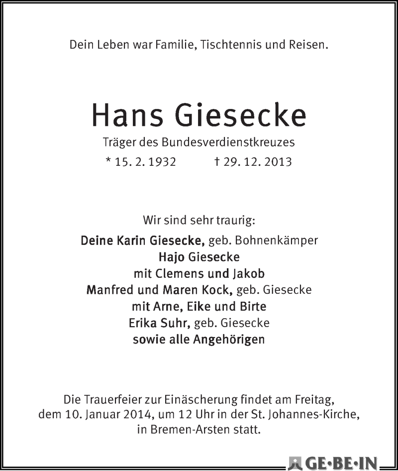 Traueranzeige von Hans Giesecke von WESER-KURIER