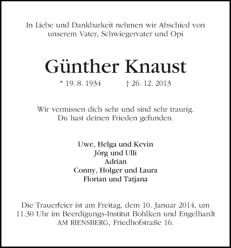 Traueranzeige von Günther Knaust von WESER-KURIER