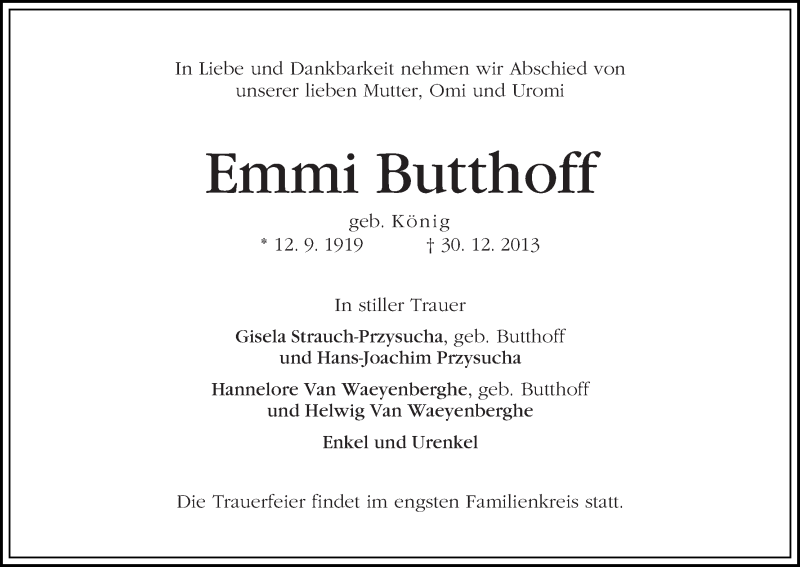 Traueranzeige von Emmi Butthoff von WESER-KURIER
