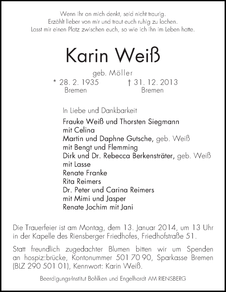Traueranzeige von Karin Weiß von WESER-KURIER