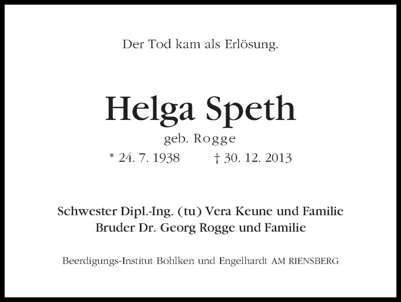 Traueranzeige von Helga Speth von WESER-KURIER