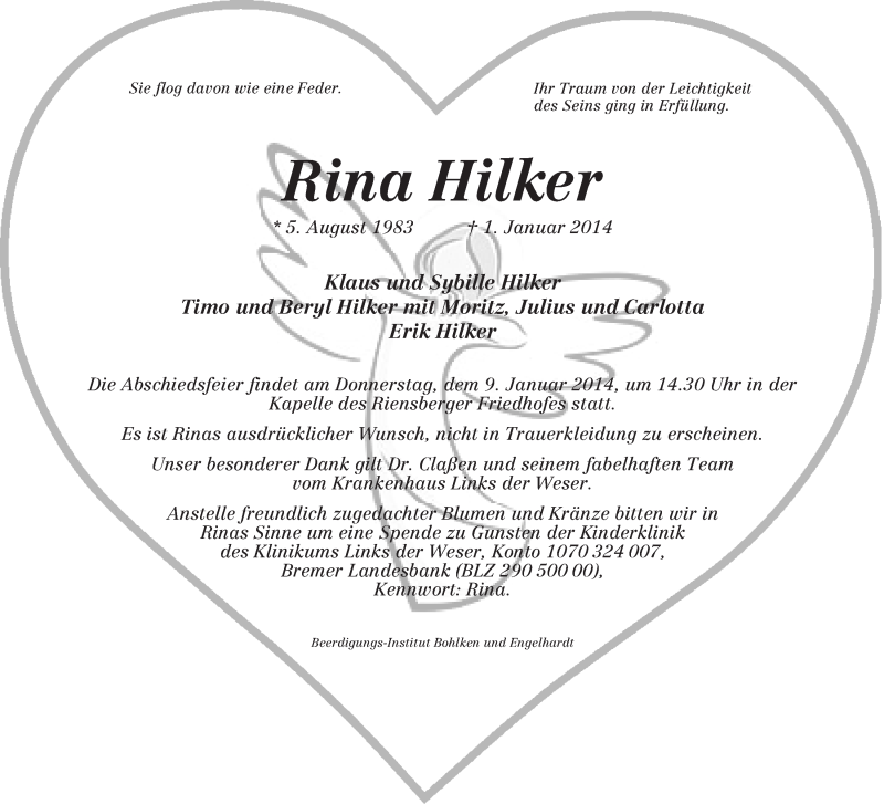 Traueranzeige von Rina Hilker von WESER-KURIER