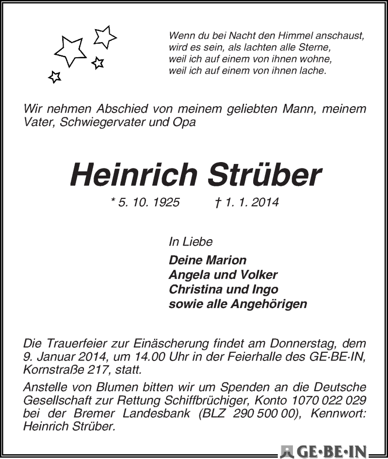 Traueranzeige von Heinrich Strüber von WESER-KURIER