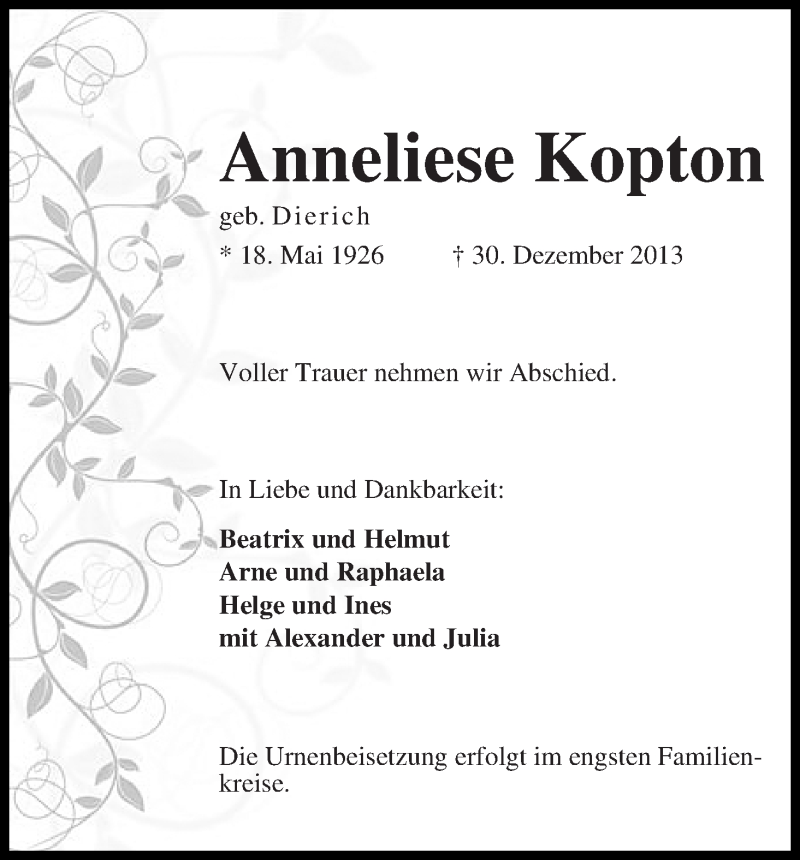 Traueranzeige von Anneliese Kopton von WESER-KURIER