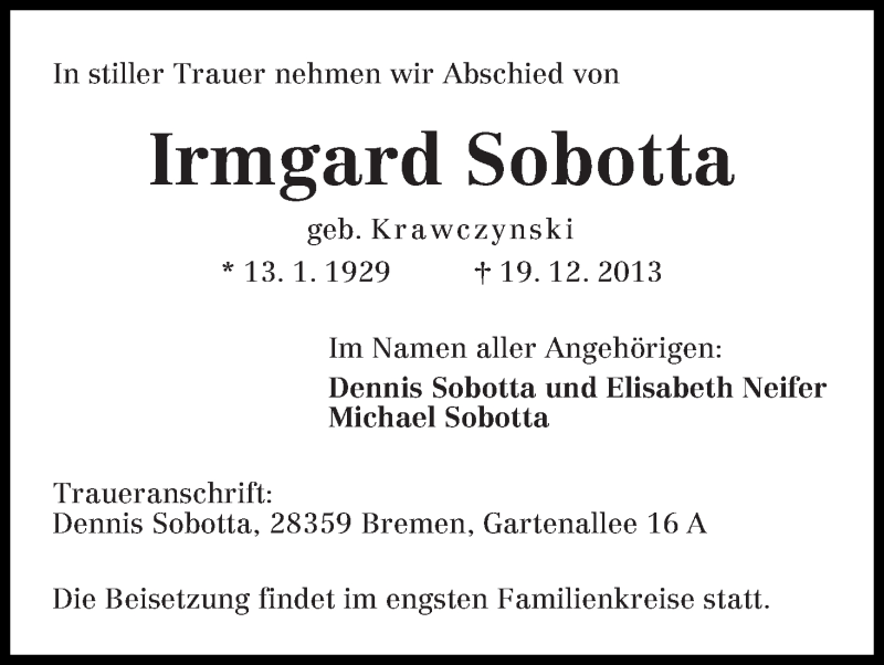 Traueranzeige von Irmgard Sobotta von WESER-KURIER