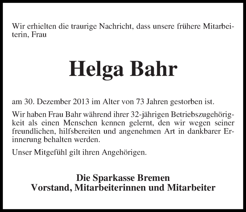 Traueranzeige von Helga Bahr von WESER-KURIER