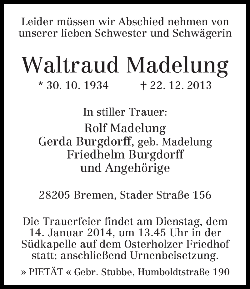 Traueranzeige von Waltraud Madelung von WESER-KURIER