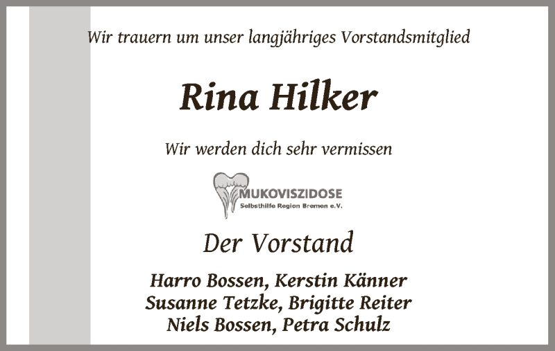 Traueranzeige von Rina Hilker von WESER-KURIER