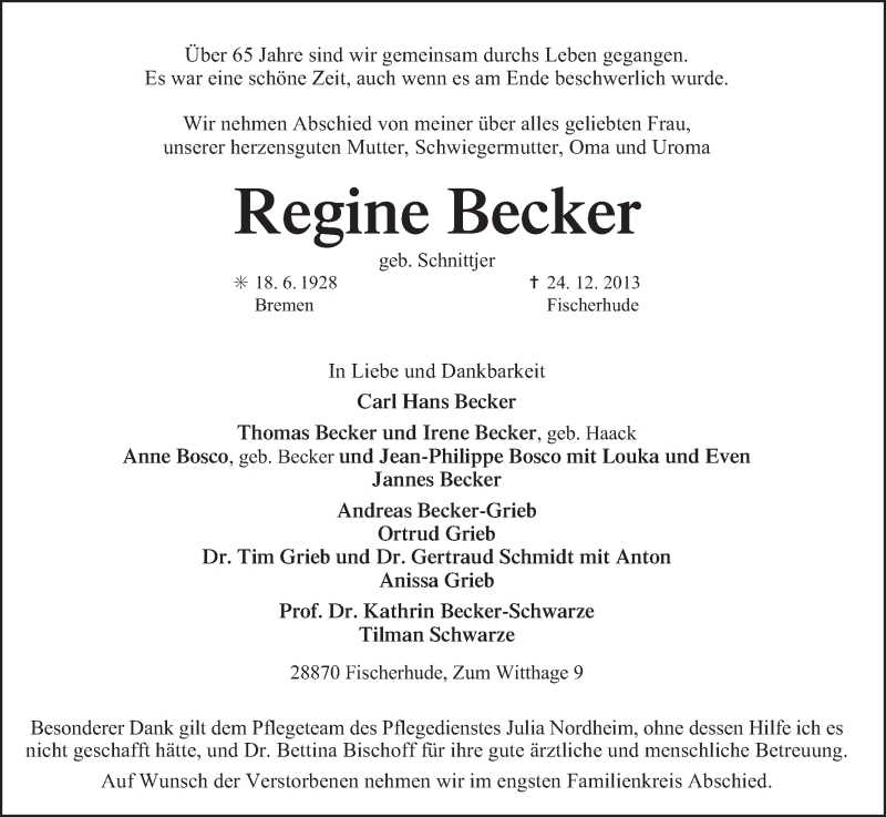 Traueranzeige von Regine Becker von WESER-KURIER