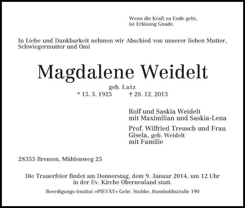 Traueranzeige von Magdalene Weidelt von WESER-KURIER