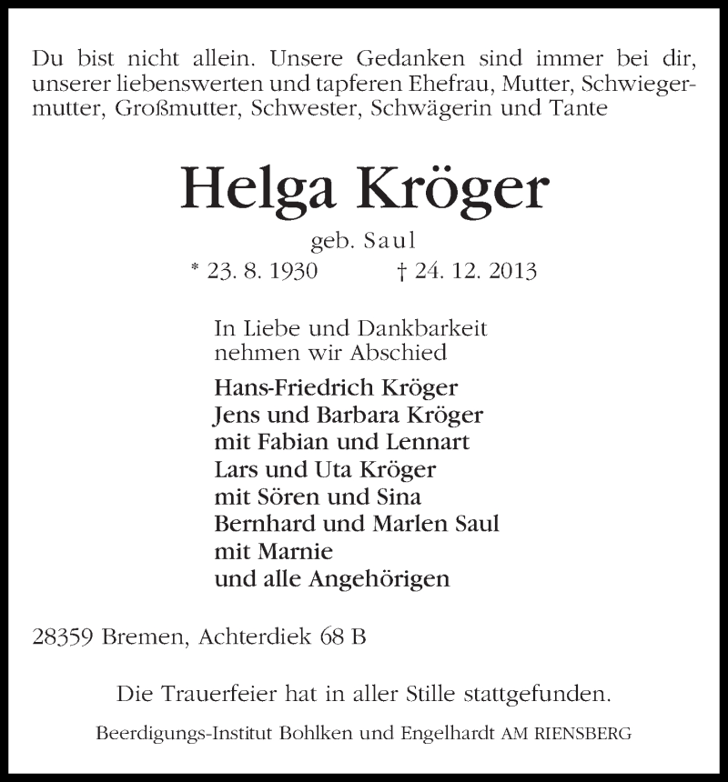 Traueranzeige von Helga Kröger von WESER-KURIER