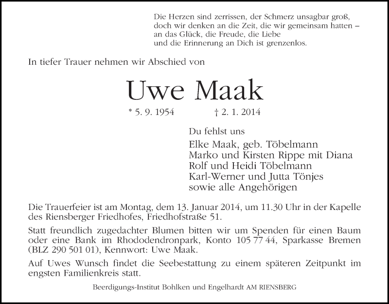 Traueranzeige von Uwe Maak von WESER-KURIER