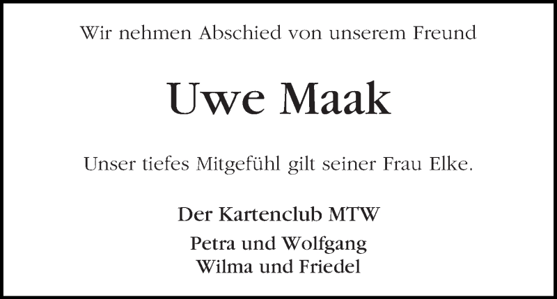Traueranzeige von Uwe Maak von WESER-KURIER