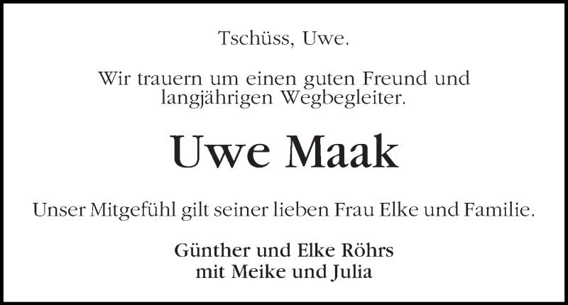 Traueranzeige von Uwe Maak von WESER-KURIER