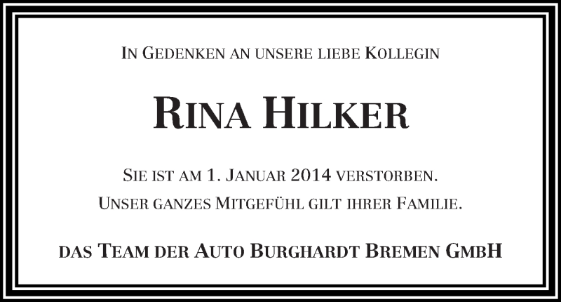 Traueranzeige von Rina Hilker von WESER-KURIER