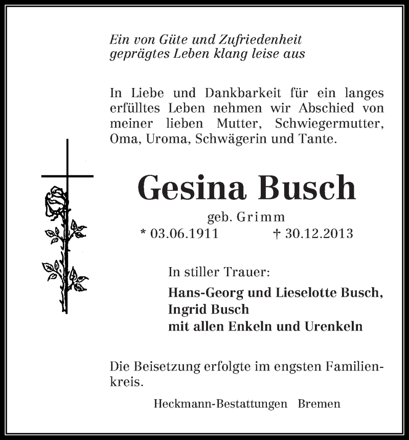 Traueranzeige von Gesina Busch von WESER-KURIER