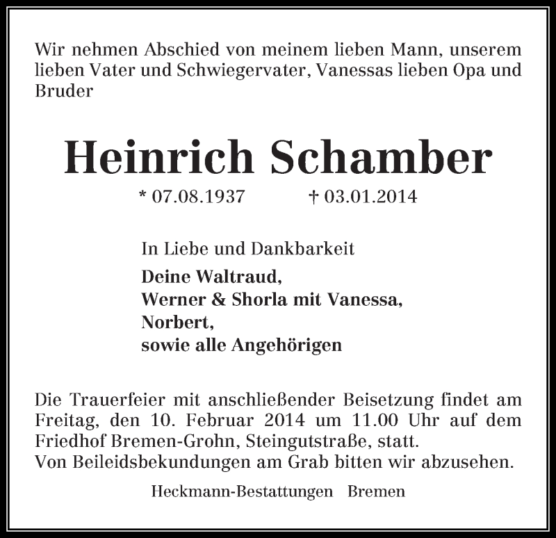 Traueranzeige von Heinrich Schamber von WESER-KURIER
