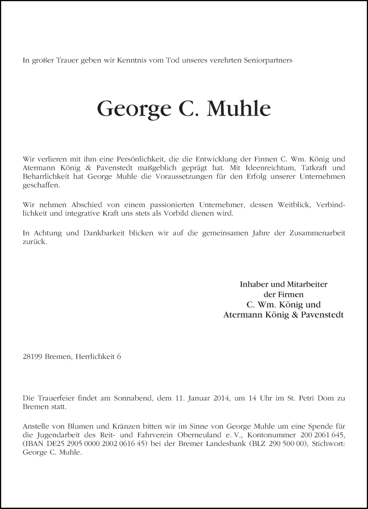 Traueranzeige von George C. Muhle von WESER-KURIER