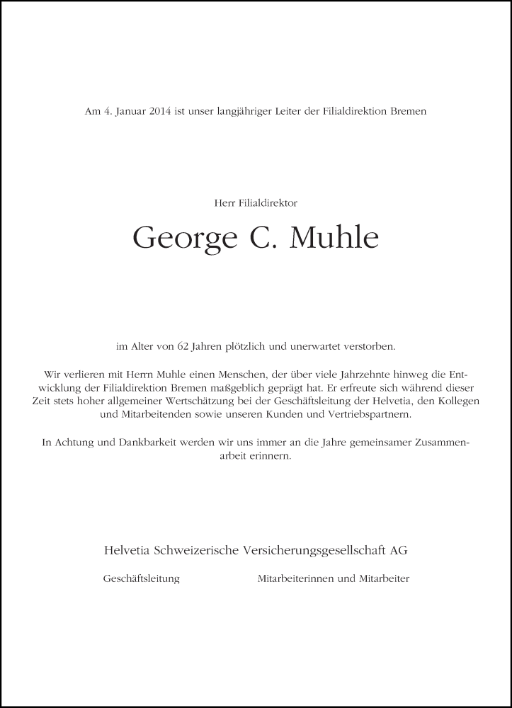 Traueranzeige von George C. Muhle von WESER-KURIER