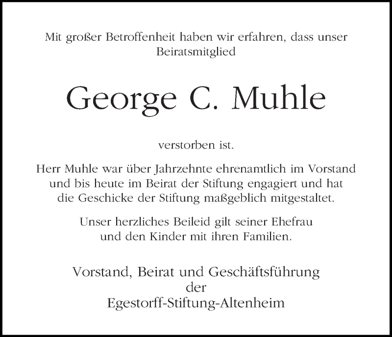 Traueranzeige von George C. Muhle von WESER-KURIER