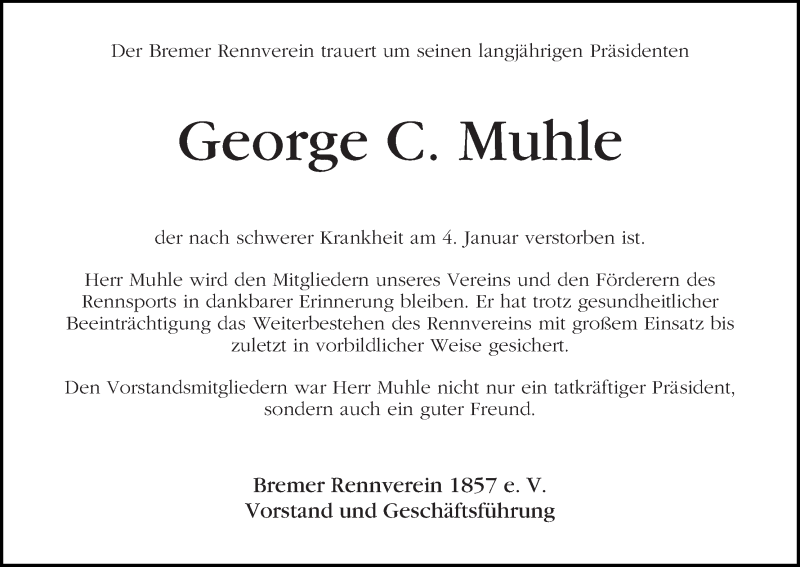 Traueranzeige von George C. Muhle von WESER-KURIER