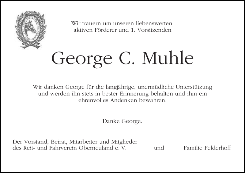 Traueranzeige von George C. Muhle von WESER-KURIER