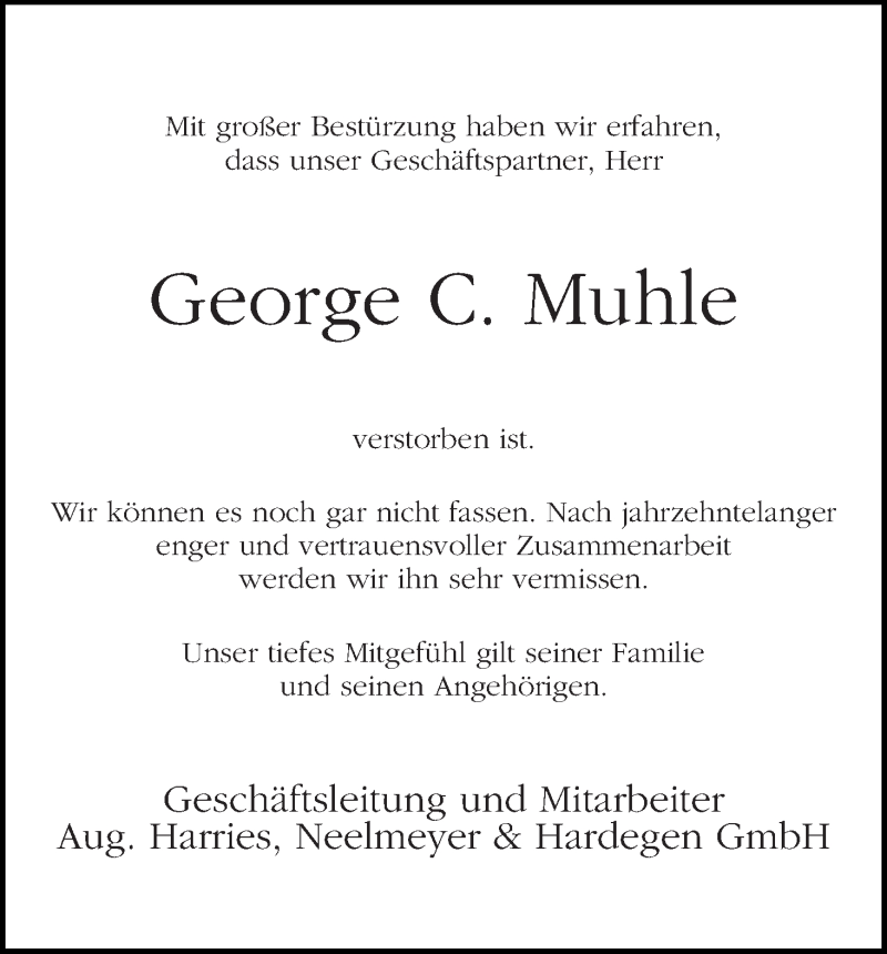 Traueranzeige von George C. Muhle von WESER-KURIER