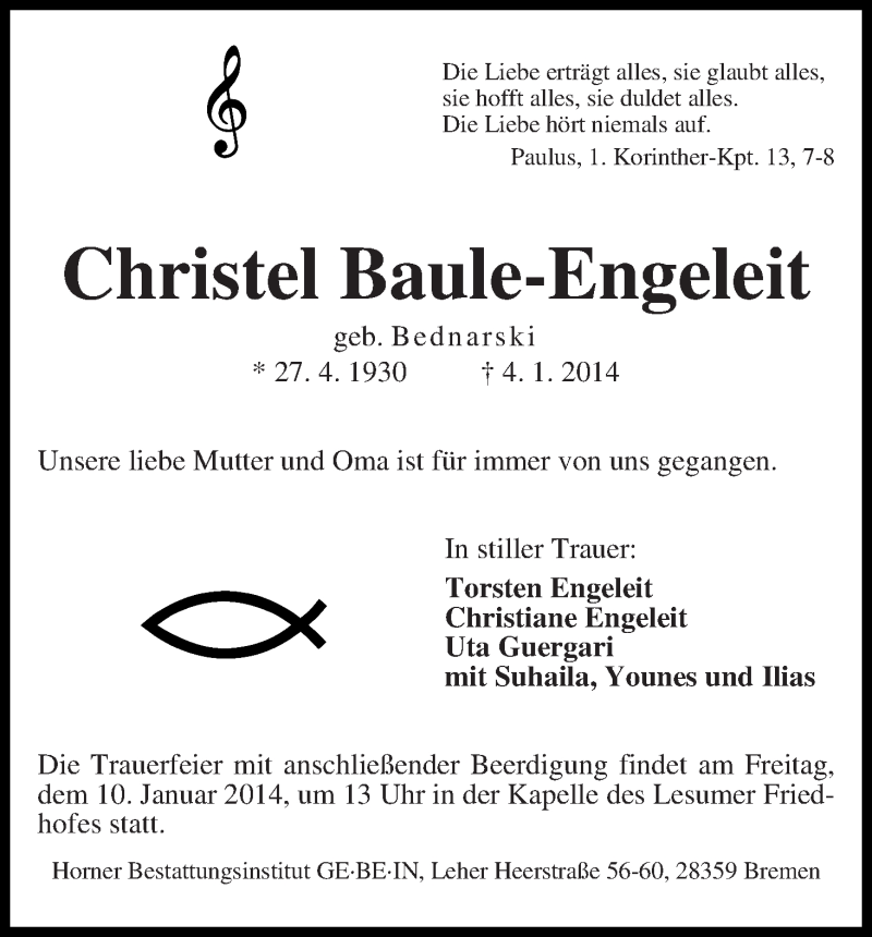 Traueranzeige von Christel Baule-Engeleit von WESER-KURIER