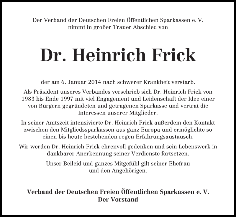 Traueranzeige von Dr. Heinrich Frick von WESER-KURIER