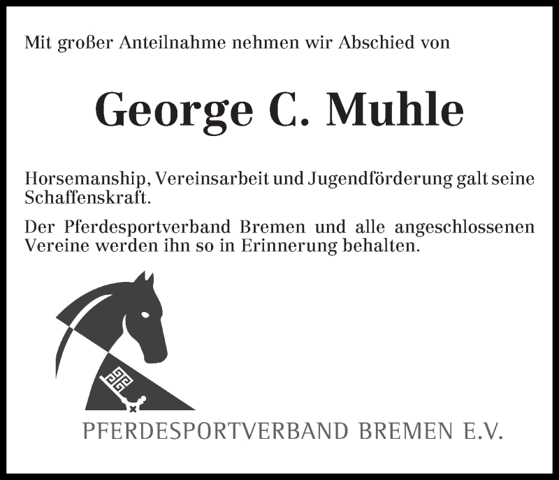 Traueranzeige von George C. Muhle von WESER-KURIER