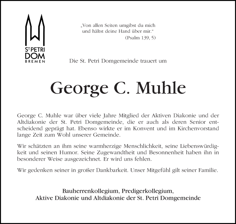 Traueranzeige von George C. Muhle von WESER-KURIER