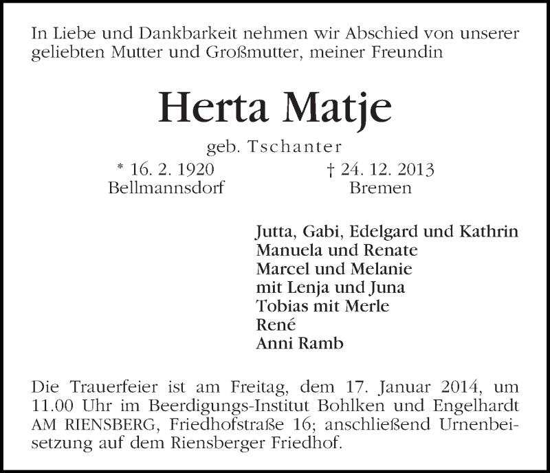 Traueranzeige von Herta Matje von WESER-KURIER