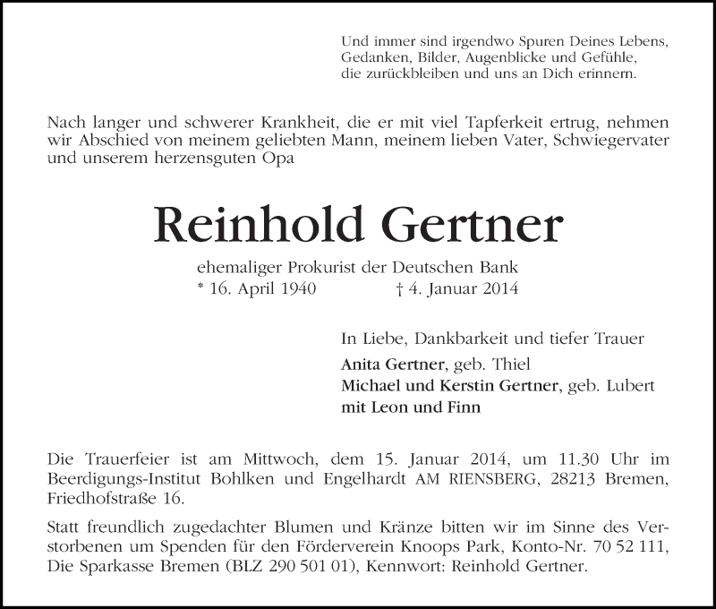 Traueranzeige von Reinhold Gertner von WESER-KURIER